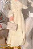 Yipinpay Long White Dress Women French Vintage V-neck Lace Slim Y2K Dress Spring Korean One Piece Casual Evening Party Dress 2023