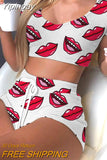 Yipinpay Lips Print Sportswear Women's 2023 Summer Crop Top And Drawstring Biker Shorts Matching Two Piece Sets