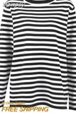 Yipinpay Classic Women Stripe Tee Shirt Casual Print Oversized Knitted Top O-Neck Long Sleeve Tops And Blouse Fashion T-shirt