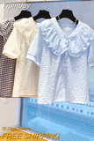 Yipinpay Feminina Black Plaid Shirt Women Doll Tops Peter Pan Crop Tops Chiffon Short Sleeved Ruffled Shirt 2023 Blouse Summer