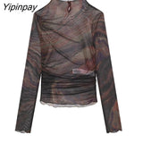 Yipinpay Women Tulle Printed Blouses Shirt 2023 Spring Autumn Causal Long Sleeve Thin Tops Pullover Half High Collar Short T-Shirts