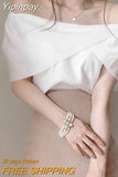 Yipinpay Sexy Off Shoulder Crop Top Blusas Mujer De Moda Slim Short Sleeved Chiffon Shirt Summer White Blouse Shirts for Women