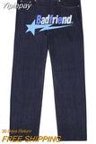 Yipinpay New American Letter Print Jeans Women Harajuku Hip Hop Vintage Straight Pants Unisex Casual Loose Jeans Punk Wide-Leg Jeans
