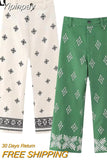 Yipinpay Embroidery High Waist Pants For Women Green Wide Leg Pants Women Summer Vintage Baggy Pants Woman Boho Women's Trousers 0406