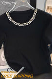 Yipinpay for Women High End Short Sleeve Knitted T-Shirt 2023 Summer French Office Lady Style Tops Femme Chic Chain Neck Tees