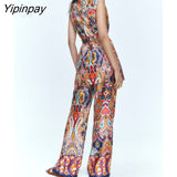 Yipinpay Spring Fashion Print Vest Coat With Belt 2023 New Two Pieces Long Pants Sets Casual Sleeveless Jackets Street Outwear