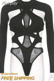 Yipinpay Chic Black Y2K Bodysuits Women Slim Jumpsuit Long Sleeve High Neck Sheer Mesh Irregular Cutout Bodysuit For Party Club