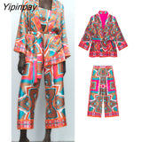 Yipinpay Women Fashion Print Autumn Shirts+Long Pants Set New 2023 Female 3PCS Sets Casual Top With Belt Street Outwear Mujer