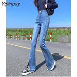 Yipinpay High Waist Vintage Elastic Split Jean Femme Casual Slim Autumn Winter Denim Flare Pants Brown Women Jeans