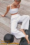 Yipinpay Cotton Linen Women Summer Outfit Sleeveless Crop Top And Palazzo Pants 2 Piece Set Female Midriff Top Pants Suits
