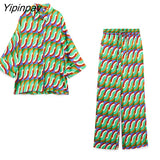 Yipinpay 2pcs Women Geometric Print Pant Shirt Sets 2023 Summer Long Sleeve Turn Down Collar Blouse+Wide Leg Trouser Causal Outwear
