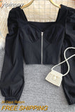 yipinpay Sexy Zipper Crop Tops Female Ruched Casual Vintage Long Sleeve Blusas Women Korean Elegant Camisas Club Short Shirt