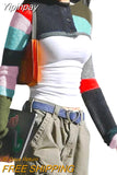 Yipinpay Women Sun-protective Crop Tops Sweater Spring Autumn 2023 y2k Clothes Contrast Color Long Sleeve Round Neck Patchwork Cardigan