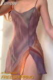 Yipinpay Women's Sexy Sheer Mesh Cami Dress Tie-dye Print V-neck Sleeveless Backless See-Through High Split Mini Dress E-Girl Streetwear
