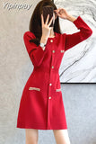 Yipinpay Button Knitted Dress A-line Long Sleeve Fall Winter 2023 Slim Elegant Korean Black Short Robe Red Christmas Party Vestido