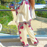 Yipinpay Women Casual Chic Turn Down Collar Batwing Sleeves All Over Print Button Asymmetrica Loose Pants Sets