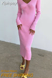 Yipinpay Spring Sexy Sweater Dress Casual 2023 V-Neck Elegant Knitted Women Dress Long Sleeve Bodycon Midi Dress Office Lady