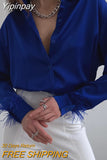 Yipinpay Womens Spring Autumn Casual Tops Solid Color Long Sleeve Feather Patchwork Blouse Soft And Comfortable Daily Wear S M L