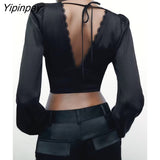 Yipinpay Women Solid Backless Lace Blouses Shirt 2023 Spring Autumn Causal Long Sleeved Thin Tops Pullover Deep V-neck T-Shirts