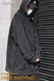 Yipinpay Washed Distressed Hoodies Streetwear Women Grunge Gothic Oversize Long Sleeve Zip Up Hoodie Vintage Couple Cardigan