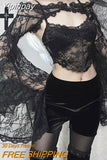Yipinpay Goth Long Sleeve Smock Vintage Black Lace One Shoulder Grudge Aesthetic Overall Y2K Luxury Coquette Party Sexy Top