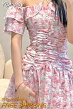 Yipinpay Shoulder Floral Y2k Mini Dress Woman French Elegnat Short Party Dress 2023 Summer Casual Sweet Sexy One Piece Dress Korean