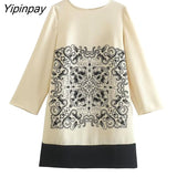 Yipinpay Spring Summer Women Printed Mini Dresses 2023 Elegant O-neck Party Thin Dress Causal Long Sleeve Straigh Vestidos