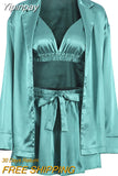 Yipinpay Satin 3 Pieces Women Long Sleeve With Shorts Sexy Suit Lapel Top And Corset Top 3 Pieces Female Home Set Lounge Wear
