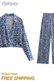 Yipinpay Blue Print Crop Top Women Wrap Cropped Shirt Woman Long Sleeve Summer Blouses Woman 2023 Elegant And Vintage Women's Blouse