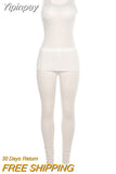 Yipinpay 2 Piece Knitted Perspective Pants Outfits Women Sleeveless T-Shirt And Long Pants Legging 2023 Spring Femme Casual Suit