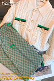 Yipinpay Twist Sweater Single Breasted Knitted Cardigan Coat Lapel + Wide Leg Green Checkerboard Pants Sweatpants 2sets