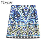 Yipinpay 2023 Women Printed Skirt Sets Spring Summer Elegant Thin Long Sleeve Tops High Waist A-Line Mini Dress Casual Outwear