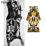 Yipinpay Elegant Women Printed O-neck Dresses 2023 Fashion Loose Female Mid-Calf Dresses Long Sleeve Soft Party Vestidos