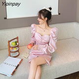 Yipinpay Long Sleeve Elegant Evening Dress Midi Autumn Winter Korean Sexy See Through Dress Club Bodycon Solid High Waist