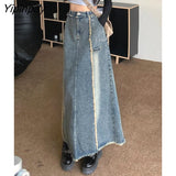 Yipinpay Fishtail Denim Women Skirt High Waist Retro Raw Edge
