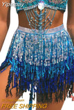 Yipinpay Women Sexy Belly Skirt, Sequined Fringe Miniskirt with Adjustable Waist Straps, Mini Skirt for Dance Performance, Rave Party