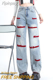 Yipinpay Blue Embroidery Baggy Jeans For Women Y2k Fashion Female High Waist Wide Leg Pants Loose Washed Denim Trousers Full Length