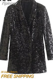 Yipinpay Black Sequin Blazer Woman Glitter Long Blazer Women Double Breasted Elegant Suits For Women 2023 Long Sleeve Women's Jacket
