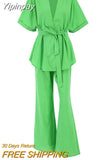 Yipinpay Green Vacation Trousers Suits Casual 2 Pieces Suits Half Sleeves Wrap Shirts And Wide Leg Pants Summer Outfits 2023