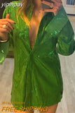 yipinpay Blouses Long Sleeve Top Sequin Shirts Women Y2K Solid Shirt Autumn Winter 2023 Chic Streetwear Green V Neck Blouse