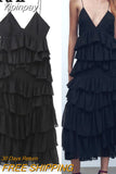 Yipinpay Black Long Dress Women Ruffle Backless Dress Woman Ruched Slip Midi Sexy Dresses Ladies 2023 Christmas Night Party Dresses