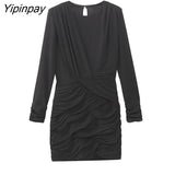 Yipinpay 2023 Summer Women Pleated Dresses Fashion Sheath O-neck Mini Dresses Long Sleeve Sheath Folds Vestidos Two Colors