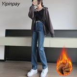 Yipinpay Stretch Straight Mom Jeans High Waist Denim Pants Ladies Casual Vintage Vaqueros Mujer Winter Thicken Velvet