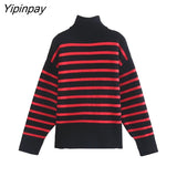 Yipinpay Women Fashion Zipper Collar Sweater 2023 Winter Thicken Striped Loose Knitting Sweater Vintage Long Sleeve Female Pullover