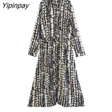 Yipinpay FashionSummer Women Printed Long Dresses 2023 New Elegant Single Breasted Dresses A-line Long Sleeve Mid-Calf Vestidos