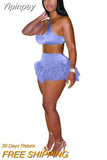 Yipinpay Feather Fringe Shorts Crop Top Two Piece Set Summer Women Sexy Bodycon Tracksuit Party Outfits 2023 Swimsuit Cover-up