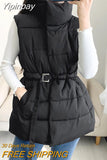 Yipinpay Jacket women 2023 Casual Stand Collar Loose Belt Sleeveless Vest Black Single Breasted Long Parka Overcoat Outerwear