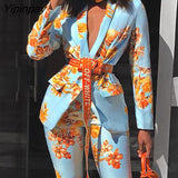 Yipinpay Women Chic Elegant All over Print  Long Sleeve Sashes Ankle-Length Pants Spring Working Blazer Sets 423