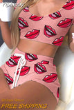 Yipinpay Lips Print Sportswear Women's 2023 Summer Crop Top And Drawstring Biker Shorts Matching Two Piece Sets