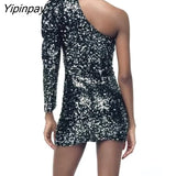 Yipinpay Autumn Fashion Women Beading Sequined Dress Asymmetrical Design One Shoulder Sleeve Party Vestidos Casual High Street Wear
